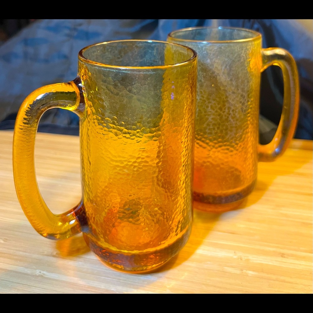 Vintage Amber Glass Rootbeer Beer Mugs Glasses 1970’s x2 Mid-Century